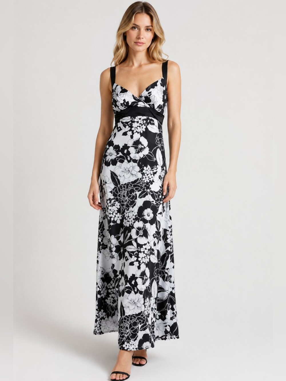 NWT JR Nites by Caliendo Floral Bias Maxi Dress Black White Size 6